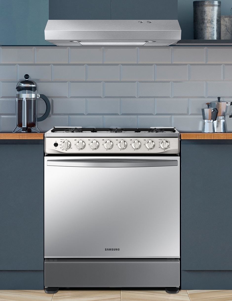 Combo estufa de piso a gas natural/lp 76.7 cm F-NK30BT5412MS de 6 quemadores + campana