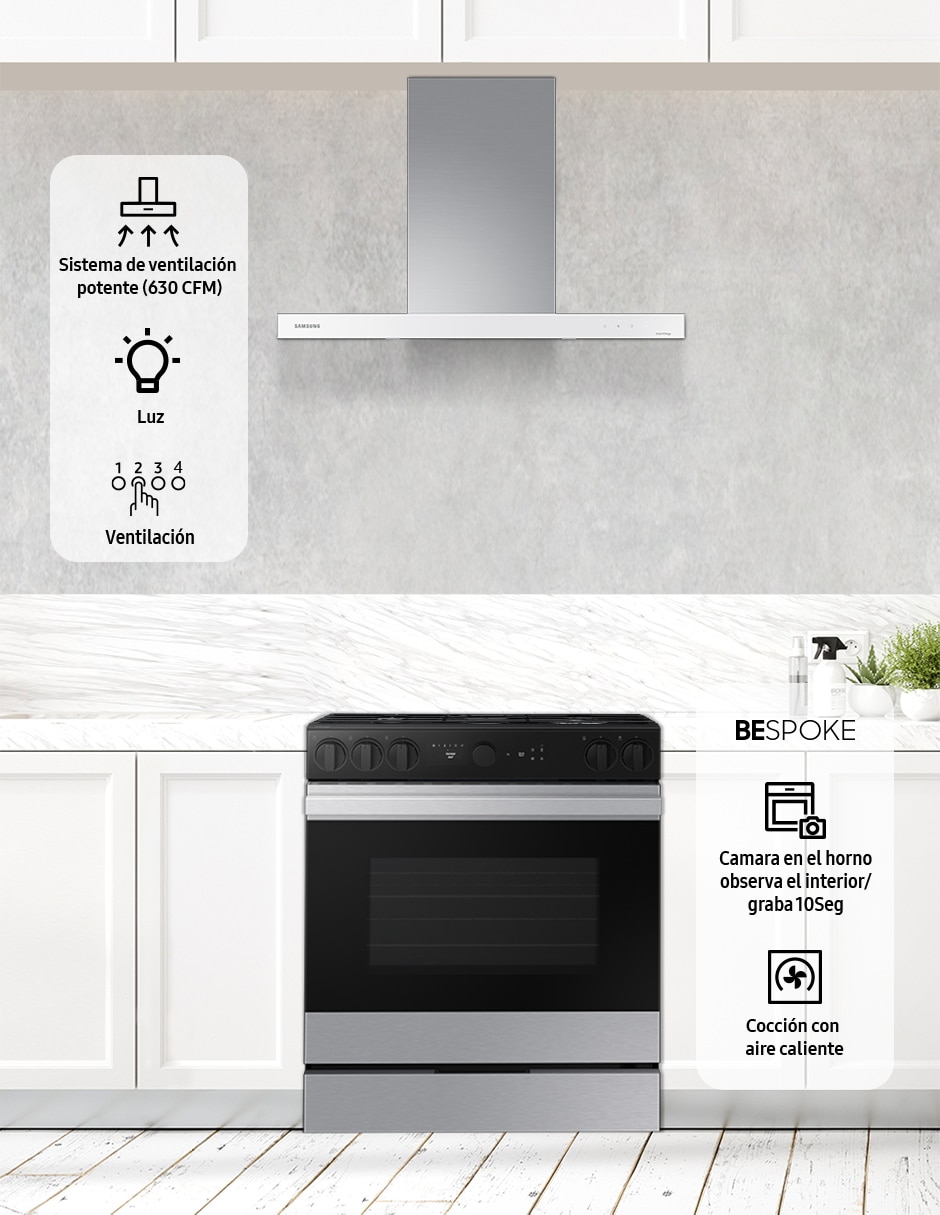 Combo estufa de piso a gas natural/lp Bespoke 76.1 CM F-NSG870SRNK36 de 5 quemadores + campana