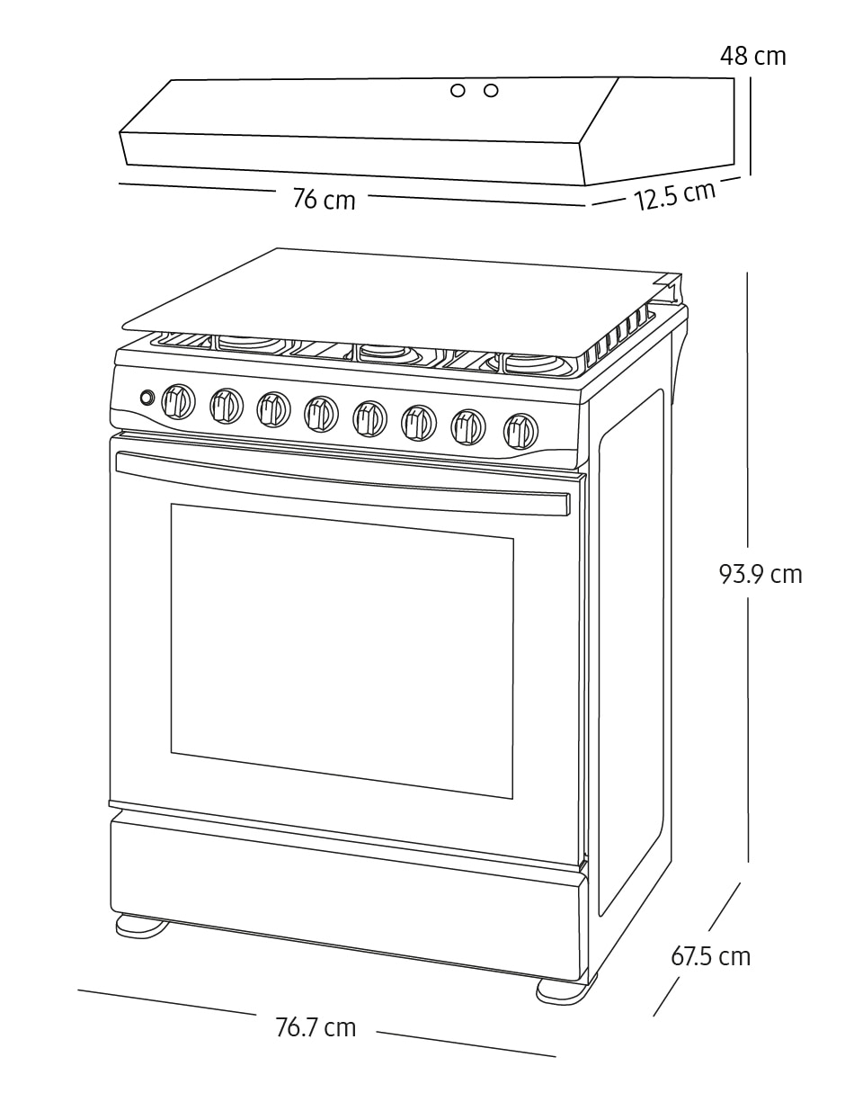 Combo estufa de piso a gas natural/lp 76.7 cm F-NK30BT5411MS de 6 quemadores + campana
