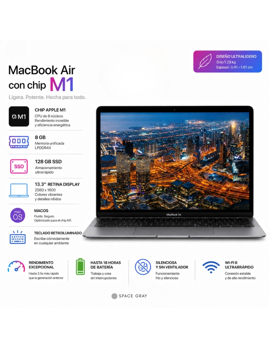 Laptop A2337 13.3 pulgadas 2560 x 1600 M1 Integradas 8 GB RAM 128 GB SSD reacondicionado