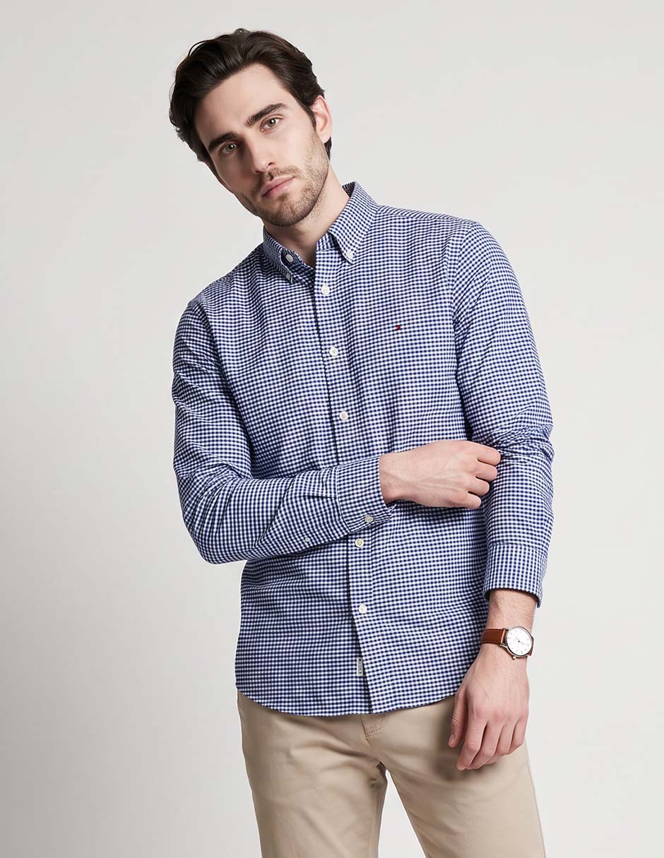 Camisa casual hilfiger de algodón manga larga para hombre