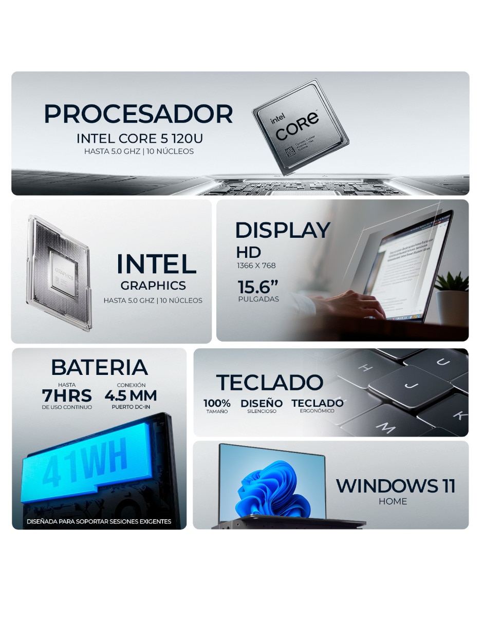 Laptop Intel Core 5 120U 15.6 pulgadas HD Intel core 5 Integradas 8 GB RAM 512 GB SSD