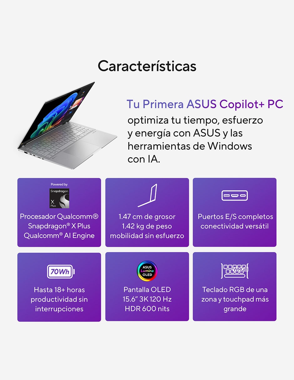 Laptop thin & light Vivobook S 15 OLED 15.6 pulgadas 3K Qualcomm Adreno 16 GB RAM 512 GB SSD