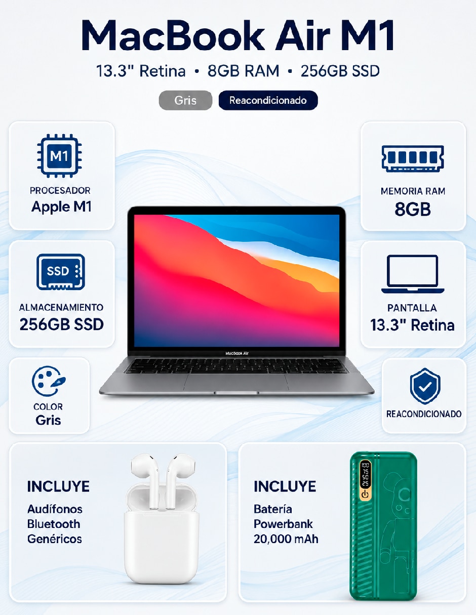 Laptop MacBook Air 8GB RAM 256GB SSD 13.3 pulgadas 2560 x 1600 M1 8 GB RAM 256 GB SSD reacondicionado