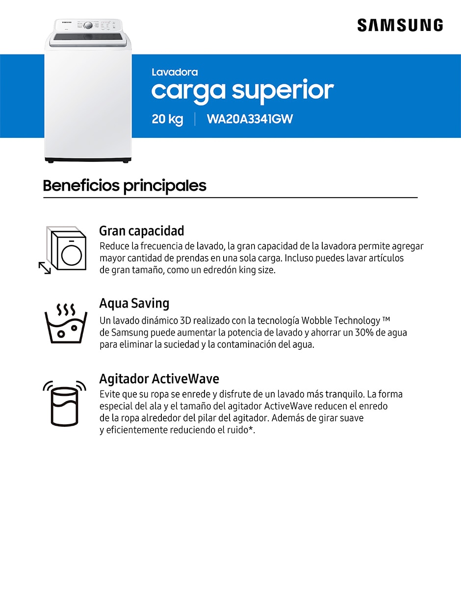 Lavadora 20 kg automática carga superior wa20a3341gw/ax
