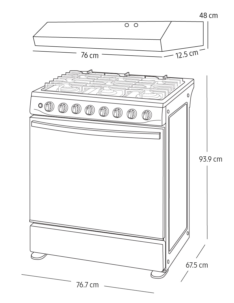 Combo estufa de piso a gas natural/lp 76.7 cm F-NK30BT5412MS de 6 quemadores + campana