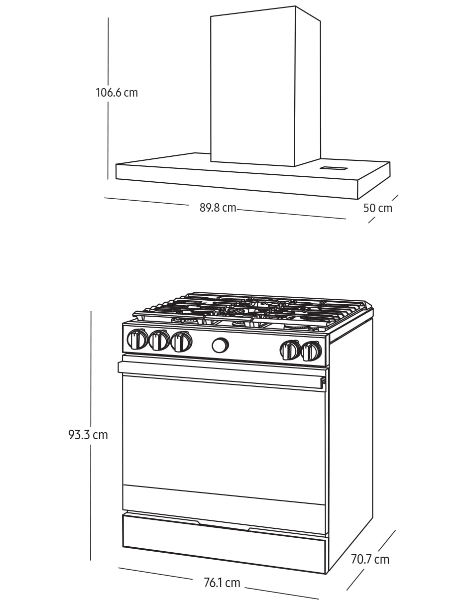 Combo estufa de piso a gas natural/lp Bespoke 76.1 CM F-NSG870SRNK36 de 5 quemadores + campana