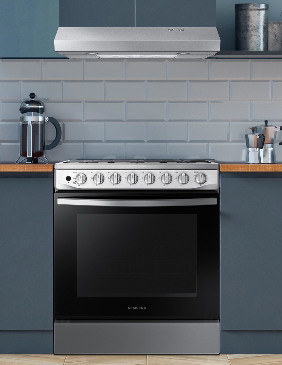 Combo estufa de piso a gas natural/lp 76.7 cm F-NK30BT5411MS de 6 quemadores + campana